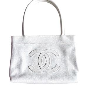Vintage Chanel White Caviar Leather CC Logo Timeless Tote